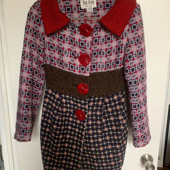 An Ren Jackets & Blazers - An Ren Red Collar Mixed-Pattern Pea Coat